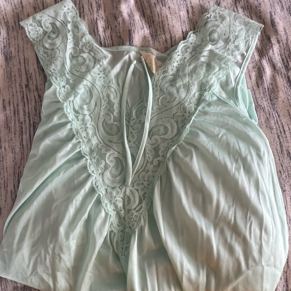 53” Vintage Sea Green Nightie Nightgown Silk Lace Free Ship